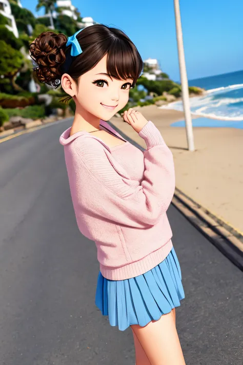 Shoulder sweater, Curly shorthair, hair scrunchie, Twin-tailed, kawaii pose、ssmile、Stroll along the seaside path