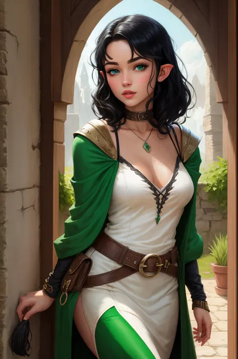 Dungeons and Dragons rogue half elf with black hair and green eyes