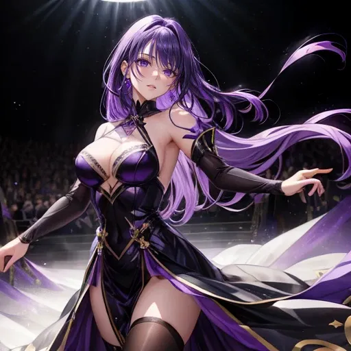 (Top resolution),1womanl,Anime, Purple eyes,Delicate eyes,Purple hair,1 large blade,Black long dress,Black tights,The background is the stage,Dancing on stage,the original god,Raiden General