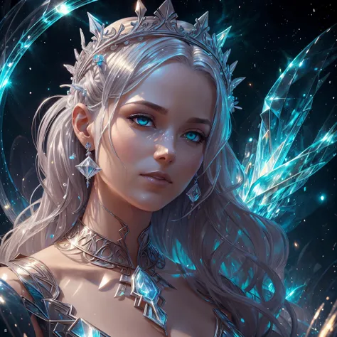 Uma Mulher com cabelo platinado:, em um vestido de flores de gelo, a beautiful crown on her head, Rosto detalhado, pele detalhada, frente, fundo floresta congelada, cobrir, Deszoom, Gargantilha, pintura hiperdetalhada, Luminismo, bar lighting, Complexo, 4k...