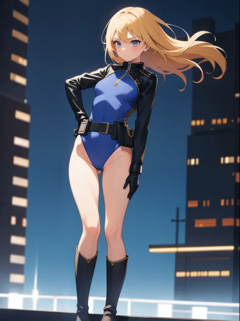 1girl, medium breasts, leotard, bare legs, tight belt, boots, gloves, city backdrop, solo, single, hands on hip, standing, energy emitting from her body, full body shot, cowboy shot, superpower