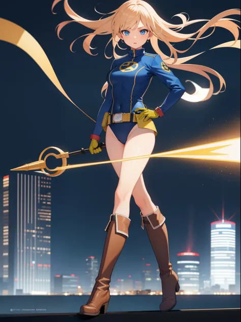 1girl, medium breasts, leotard, bare legs, tight belt, boots, gloves, city backdrop, solo, single, hands on hip, standing, energy emitting from her body, full body shot, cowboy shot, superpower