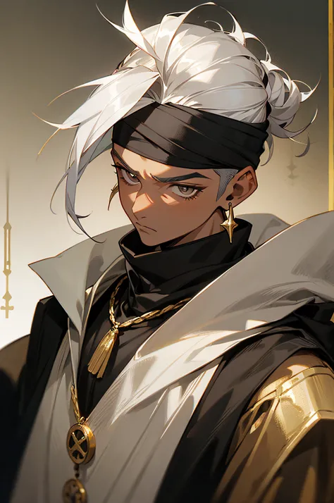 1male , Teen , Young , Silver Hair Hair , Top Knot Hair , Undercut Hair , Silver Eyes , Facing Viewer , Black Bandana , Masculine , Gold Earring On Left Ear , Medieval Background , Dark Skin , Blank Expression