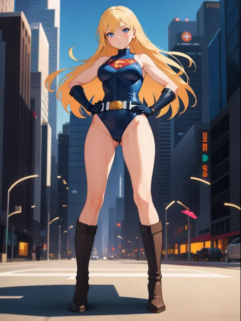 1girl, medium breasts, leotard, bare legs, tight belt, boots, gloves, city backdrop, solo, single, hands on hip, standing, energy emitting from her body, full body shot, cowboy shot, superhero, superpower