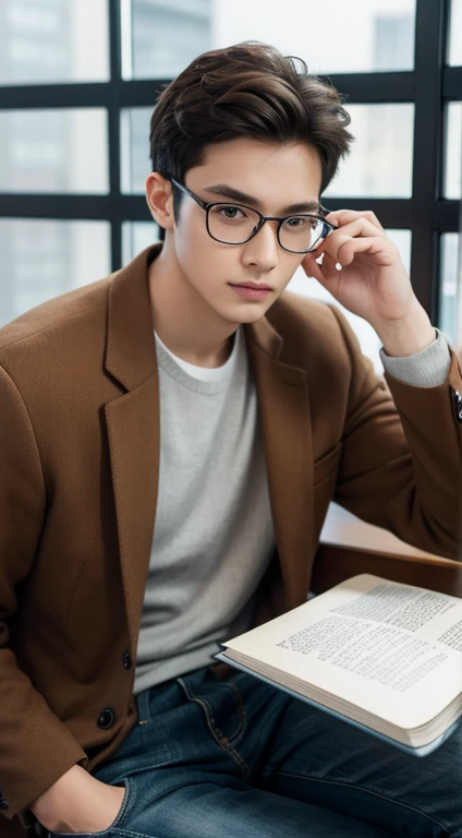 A young man sitting with a book in his hand，Wearing glasses，The background is a computer studio，Very detailed details，highest  quality，Full face