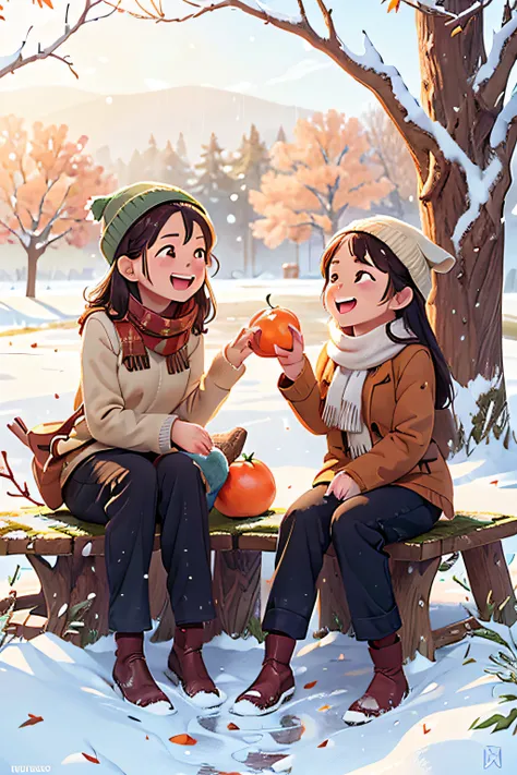 (realistically:1.37),Sitting under the persimmon tree with friends，Sitting on the old tree trunk,Open your mouth and laugh,closeup of face,Wear long-sleeved trousers，Wearing a scarf and woolen hat，snowflakes on tree，Persimmons in hand，((season winter)),，li...