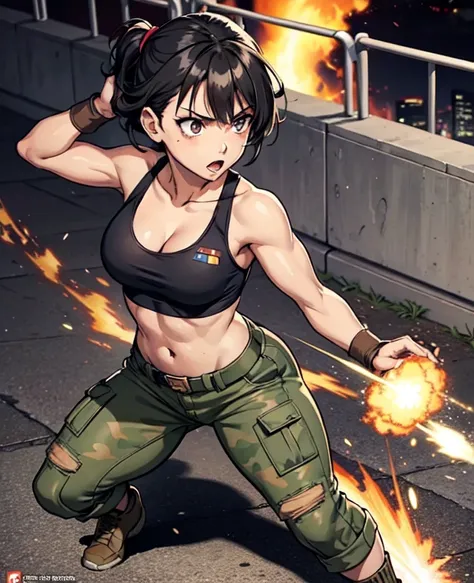 Full body, hq artwork, 24 year old, Filipino Woman, tan skin, short black hair, wearing marine corps uniform, athletic physique, strong muscles, military girl, soldier girl, infantry girl, camouflage uniform, torn tank top, belly button, gloves, torn milit...