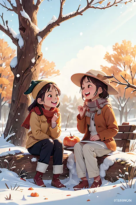(realistically:1.37),Sitting under the persimmon tree with friends，Sitting on the old tree trunk,Open your mouth and laugh,closeup of face,Wear long-sleeved trousers，Wearing a scarf and woolen hat，snowflakes on tree，Persimmons in hand，((season winter)),，li...
