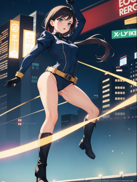 1girl, medium breasts, leotard, bare legs, tight belt, boots, gloves, city backdrop, solo, single, raised arms, flying, straight legs, energy emitting from her body, full body shot, cowboy shot, superpower