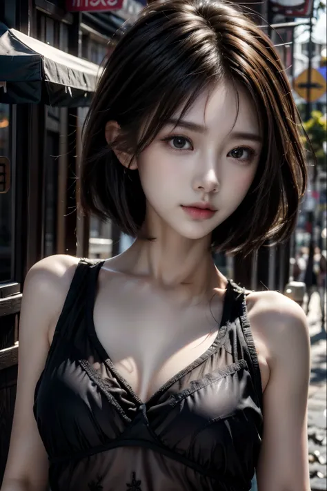 woman，Short hair, outdoor fair skin, messy hair, the sun is super cute，Soft and face，brown  hair，8K分辨率，Ultra photo realsisim，ultra-definition，Soft body，A-cup small breasts（（Highest definition，8k，tmasterpiece：1.3）），Ultra clear face，Ultra-clear lips，Fine Eye...