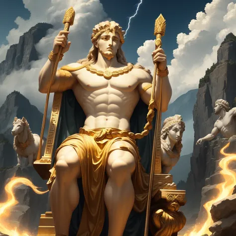 Zeus, throwing thunderbolt, Mount Olympus, all gods background, Hercules on the right side, the Golden fleece, Medusa, Hera