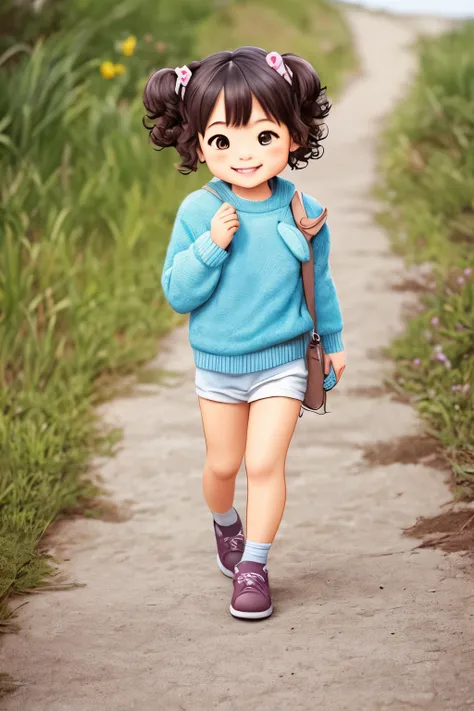 Shoulder sweater, Curly shorthair, hair scrunchie, Twin-tailed, kawaii pose、ssmile、Stroll along the seaside path