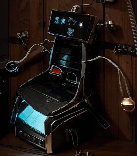 The head of the robot is a head of a speaker. The body of the chair is a microphone on the right hand and a pendant on the left hand. There is a door handle on the top of the head.