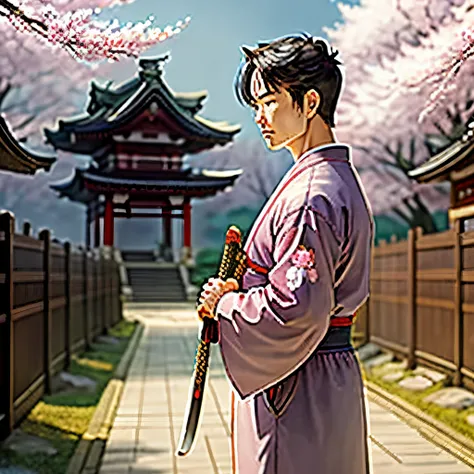 Anime style drawing of cat, dressed in traditional Japanese clothing, holding a drawn katana, with Sakura trees and Japanese architecture in the background