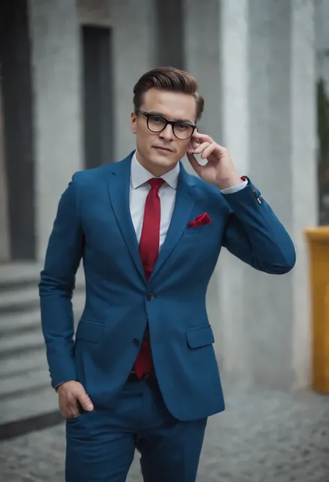 a man with black glasses and a blue suit, red bow, yellow leather shoes, full body