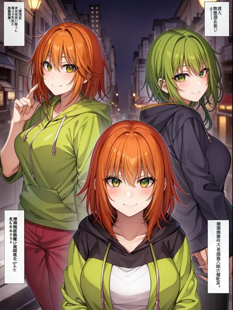 细致背景、​masterpiece、top-quality、a smile、takanashi kiara、gradation hair、orange hair、green hair hoodie、portlate、neons、grapffiti、dark...