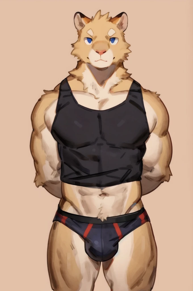 Solo, Furry, Anthro, Prairie Dog, Male, E621, Standing, Muscular, Hands behind back, Wearing underwear, Plain background, Front view, Light skin, By buta99