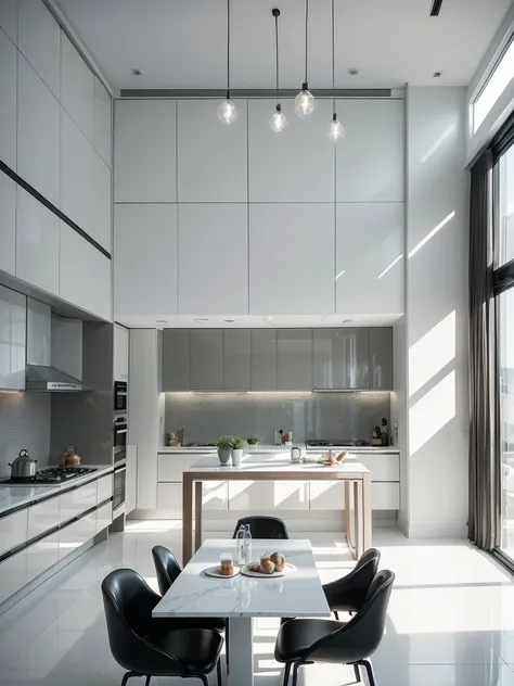 masterpiece, modern kitchen space, modern luxurious, modern futuristic interior design, hi-tech space, ((super detail :1.3))), modern hi-tech style design, hi-tech interior Modern blend, kitchen interior space with tables and chairs, kitchen details, moder...