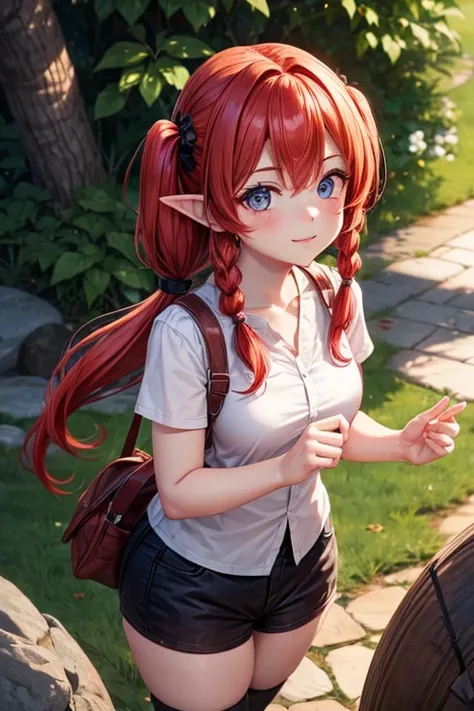 A Female Gnome with Red Hair styled into pigtails Hazel Eyes and Pale Skin with Rosey Cheeks