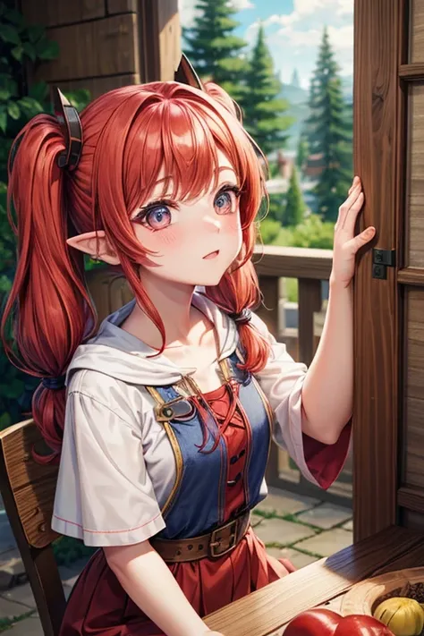 A Female Gnome Wizard with Red Hair styled into pigtails Hazel Eyes and Pale Skin with Rosey Cheeks