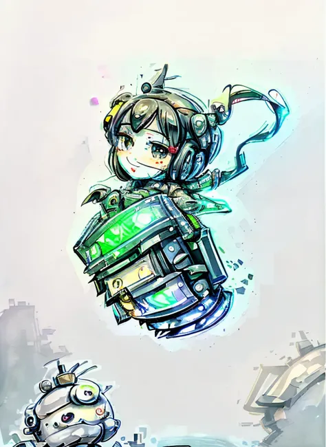 Cute futuristic technology colorful one with a clock on her face、Drawing of robot carrying backpack, anthropomorphic robot [ thing ], creepy explorer sketch, portrait of a small, octopus wearing a spacesuit, as an anthropomorphic turtle, gray anthropomorph...