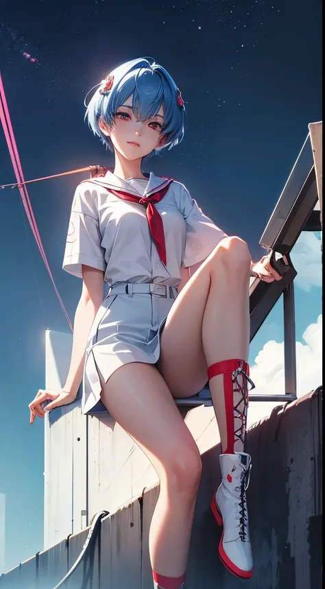 Evangelion Cockpit,Masterpiece portrait of a smiling Rei Ayanami (Evangelion), Evangelion (Hideaki), Caustics, High resolution illustration,14years, Red Eyes, Feminine, no pupils, Blue hair,  Short hair, Very small breasts,Japan school uniform, lowfers, sw...