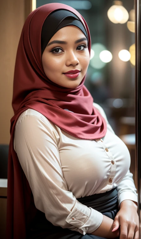 Half body portrait of a 33 years old malay woman sit in front of giant mirror, wearing hijab, wearing peach blouse with satin green slack, narrow waist, indoor shot, looking up at coffee shop sign, soft lighting, smirk face, circle bokeh , big breast, catw...