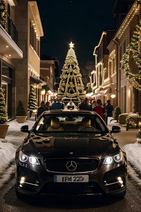 Generate an image of a luxury car next to a Christmas tree with a festive theme.. Make sure the scene reflects the elegance of the luxury car and captures the essence of a joyful Christmas atmosphere.. Incorporate Christmas decoration elements., como luces...