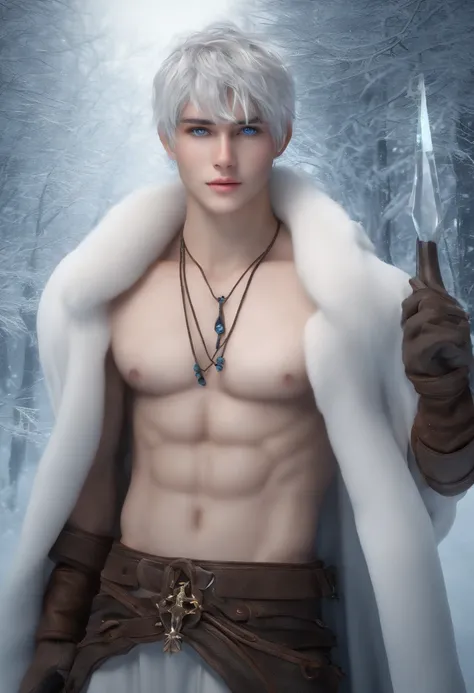 (8K, Raw photo, Highest Quality) (((FULL BODYSHOT:1.3))), (((Blue eyes:1.5))), 18 years old, white pale skin, Silver messy hair, Silver medium hair, Silver hair, (((Jack frost:1.44))), Ice Magic, Frost magic, Magic Cold, low  angle shot, Realistic, (((full...