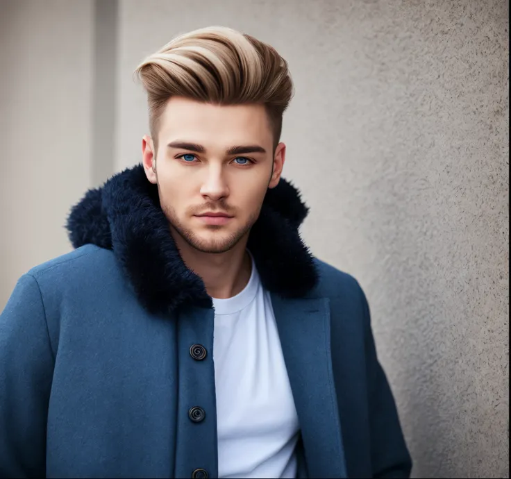 Russian man blonde wearing a coat faux fur blue eyes realistic