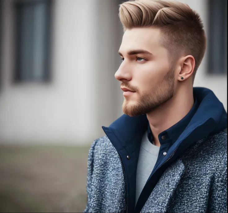 Russian man blonde wearing a coat faux fur blue eyes realistic