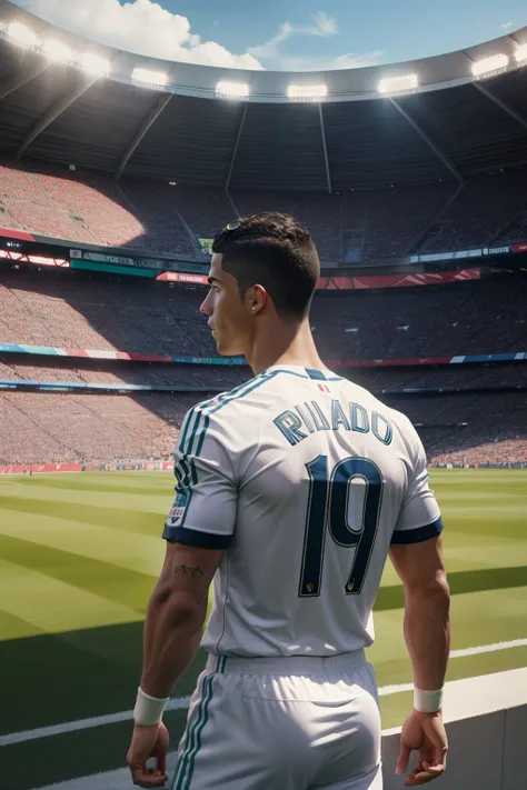 wallpaper, in the stadium, pretty background of a stadium, cristiano ronaldo with his back turned looking at the crowd, CR7