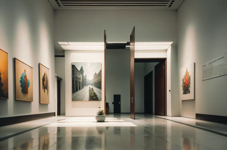 Depicting an exhibition wall at the Museum of Modern Art，There are paintings on the walls，There is an open door on the wall，Behind the door is an exhibition wall，Museum of Modern Art，simple backgound，shallowdepthoffield，（No Man：1.6）