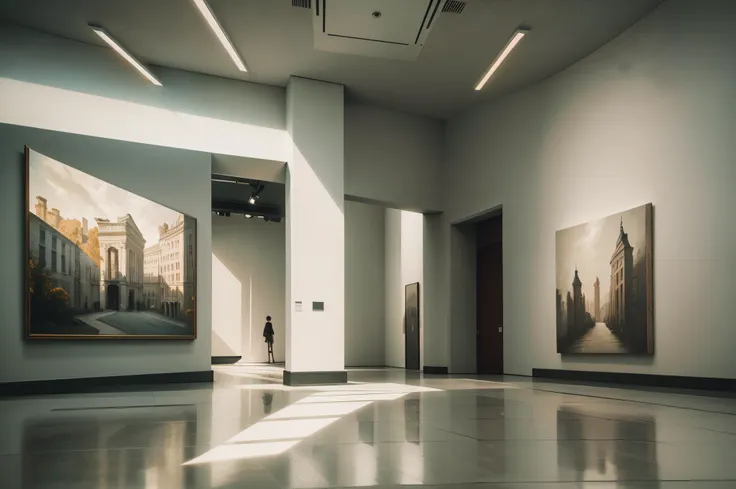 Depicting an exhibition wall at the Museum of Modern Art，There are paintings on the walls，There is an open door on the wall，Behind the door is an exhibition wall，Museum of Modern Art，simple backgound，shallowdepthoffield，（No Man：1.6）