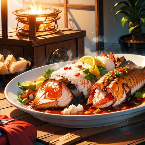 grilled fish、hearth、Warm light、steam、Japanese food