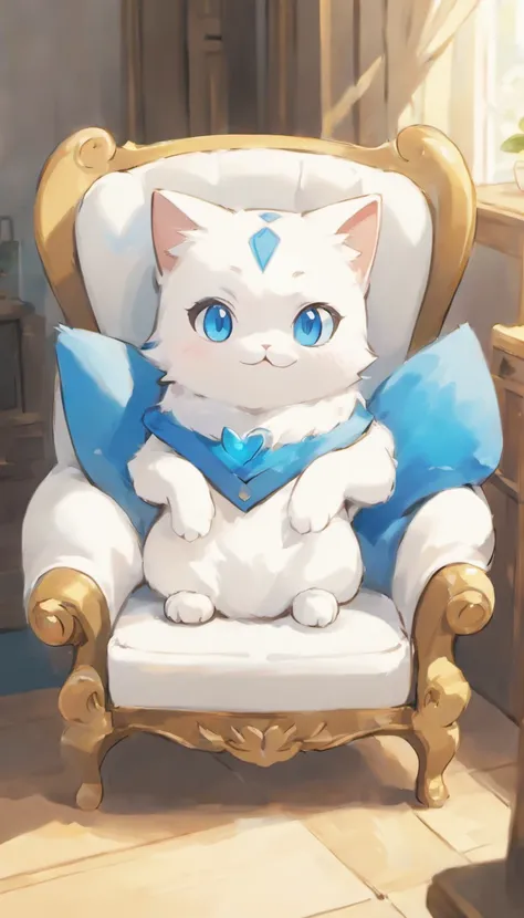 White cat、Blue eyes、inside in room、is on the chair、elegance