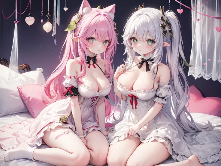 女の子1人、Too large breasts、爆乳、cleavage of the breast、Lolita clothes with lots of ribbons and frills、big ribbon on the head、fluffy and soft hair、Pale atmosphere、cute lolita pink room、Sunshine、Choker on ribbon、I see underwear.、garter belt made of lace、garnet br...