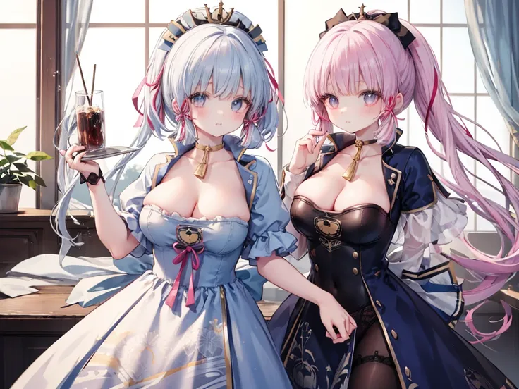 女の子1人、Too large breasts、爆乳、cleavage of the breast、Lolita clothes with lots of ribbons and frills、big ribbon on the head、fluffy and soft hair、Pale atmosphere、cute lolita pink room、Sunshine、Choker on ribbon、I see underwear.、garter belt made of lace、garnet br...