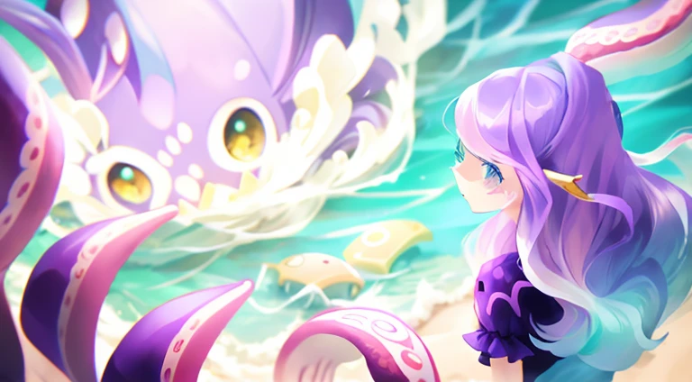 Close-up of a cartoon girl with long hair and purple dress, concept art magical highlight, oda&#39;sea monster with tentacles behind it，There is a core at the center of the sea monster，Girly frontline style, Mana flows around it，blue tint