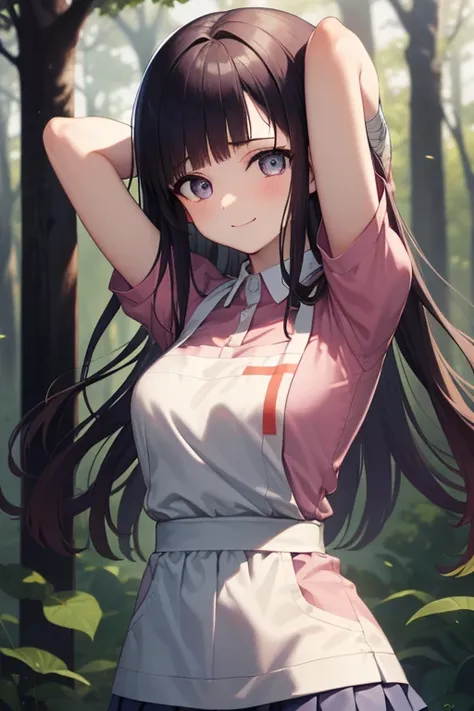 mikantsumiki, mikan tsumiki, long hair, purple hair, (purple eyes:1.1), bangs, blunt bangs, shy, smile
BREAK apron, bandaged leg, bandages, collared shirt, miniskirt, pink shirt, pleated skirt, puffy short sleeves, puffy sleeves, shirt, short sleeves, skir...