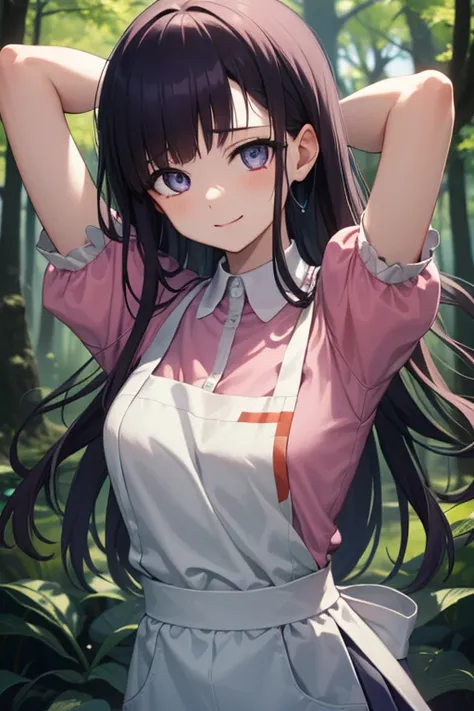 mikantsumiki, mikan tsumiki, long hair, purple hair, (purple eyes:1.1), bangs, blunt bangs, shy, smile
BREAK apron, bandaged leg, bandages, collared shirt, miniskirt, pink shirt, pleated skirt, puffy short sleeves, puffy sleeves, shirt, short sleeves, skir...