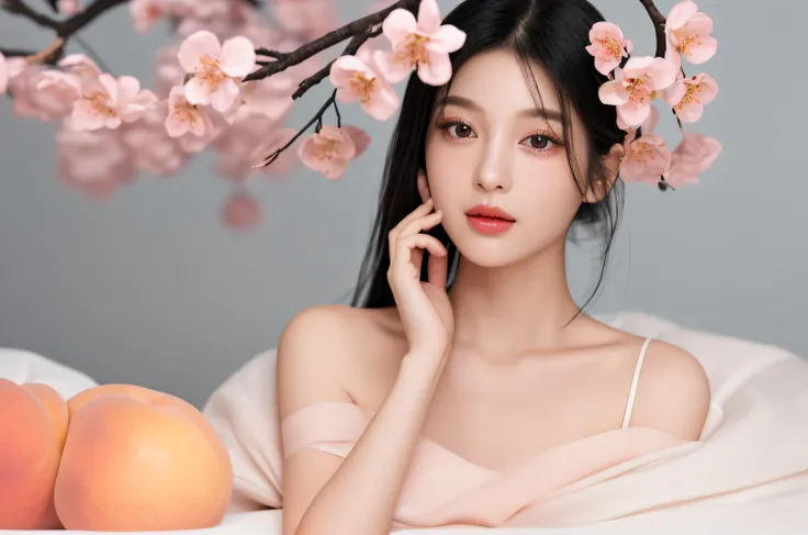 Fashion trendy beautiful and charming woman、Gentle and attractive Korean beautiful woman、Delicate and sexy collarbone、charming oval face、二重まぶた、shinny skin、Smart peach blossom eyes、beautiful long black upper eyelashes、beautiful long black lower eyelashes、Pi...