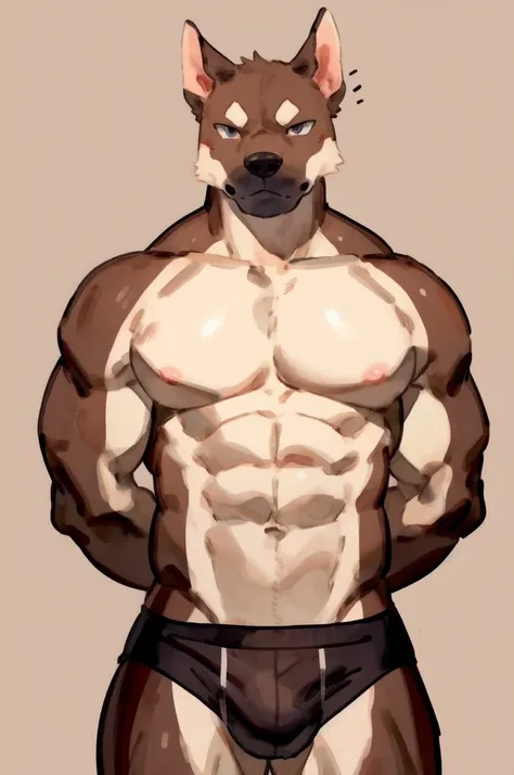 Solo, Furry, Anthro, American bully, Male, E621, Standing, Muscular, Hands behind back, Wearing underwear, Plain background, Front view, Light skin tone, By buta99