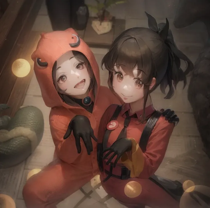 Anime characters in costumes，Hand in hand, The one on the left is wearing Godzilla&#39;pyjamas.，The person on the right is wearing adventure clothes，Pink tones