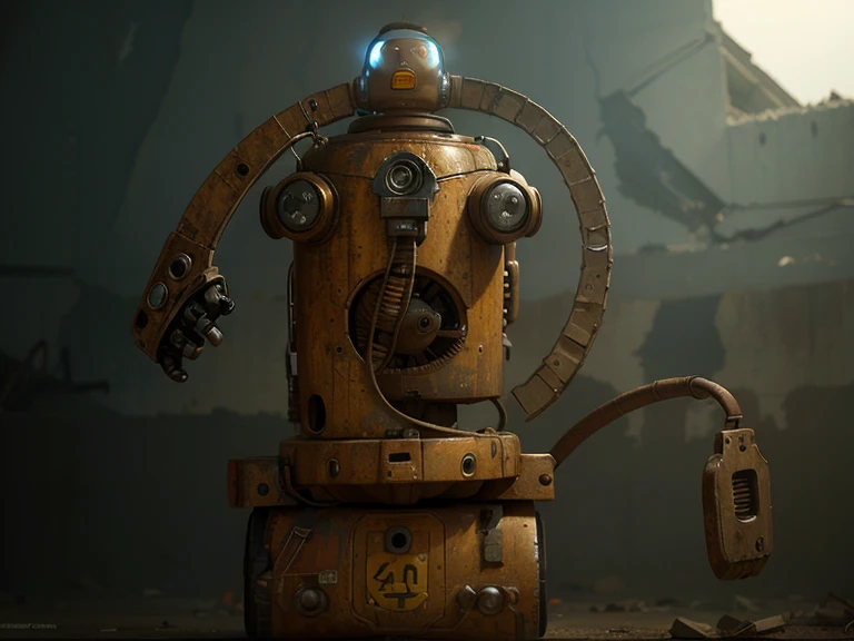 Rusty robot in ruins,pixar animation《Robot Story》styled,Three-dimensional,There are wheels underneath