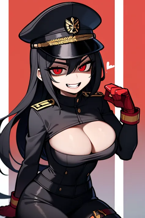 ((masterpiece, best quality)), (1girl), (solo), (female focus), Yoruichi Shihoin as army officer, black leather German uniform, wearing army leather hat, strong makeup, large breasts, tall woman, red eyes, deep shadows, constricted pupils, empty eyes, yand...