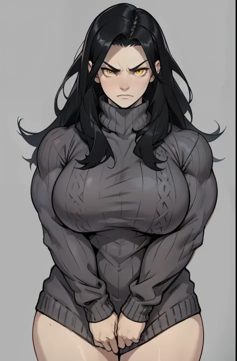 ((grey background)), solo, ((((1 girl)))), very long hair, black hair, angry, yellow eyes, (((((muscular))))), (huge tits), pale skin, slick hair, (sweater)