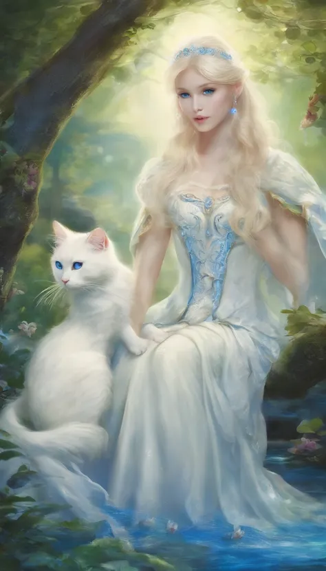 White cat、Blue eyes、lake、in woods、Elegance、narrow her eyes、Fantastical