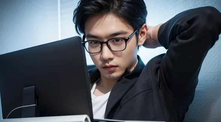 A young Asian man sitting and using a computer，Wearing glasses，Hyper-realistic portraits，The background is a computer studio，Very detailed details，highest  quality，Full face