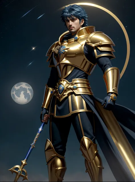 Saint Seiyan the return of the saint, Saint Seiya, knights of zodiac girl, Deus. dramatic gold blue lighting, Portrait Knights of the Zodiac, joseph joestar, unreal motor render Sao Seiya, cetro, Deus grego no estilo mecha, usando armadura dourada, deus im...